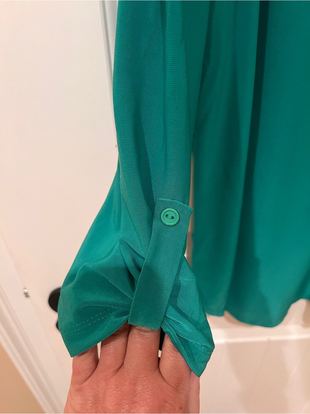 Women’s teal/green, long sleeve roll-tab blouse - Picture 3 of 5